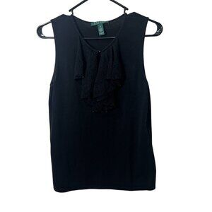 Lauren Ralph Lauren Black Sleeveless Top With Ruffle Front Detail size medium